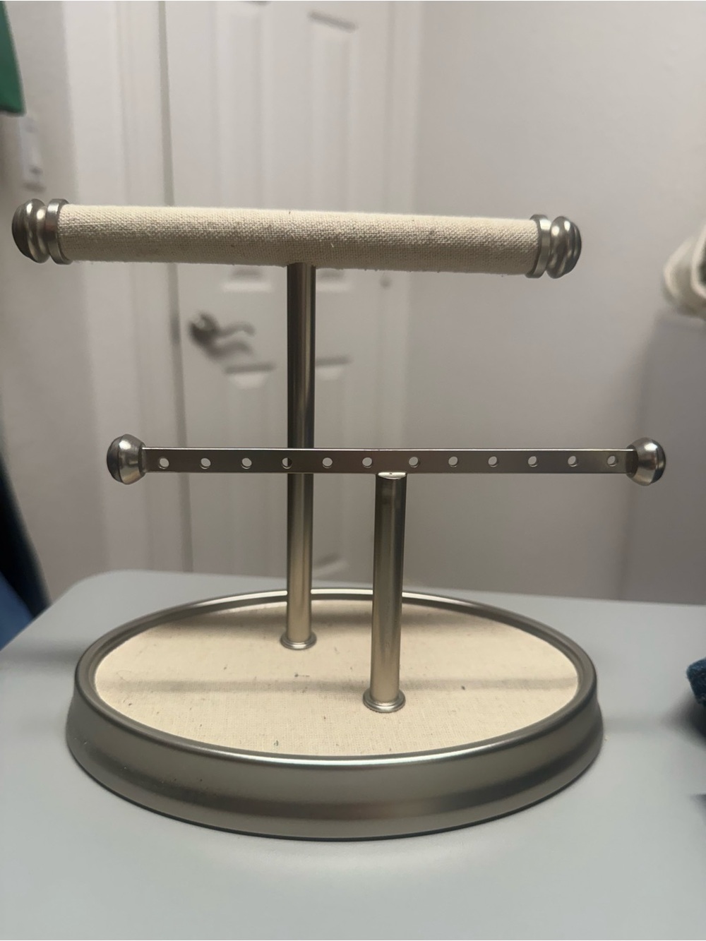 Neutral Metal and Linen Jewelry Organizer Stand